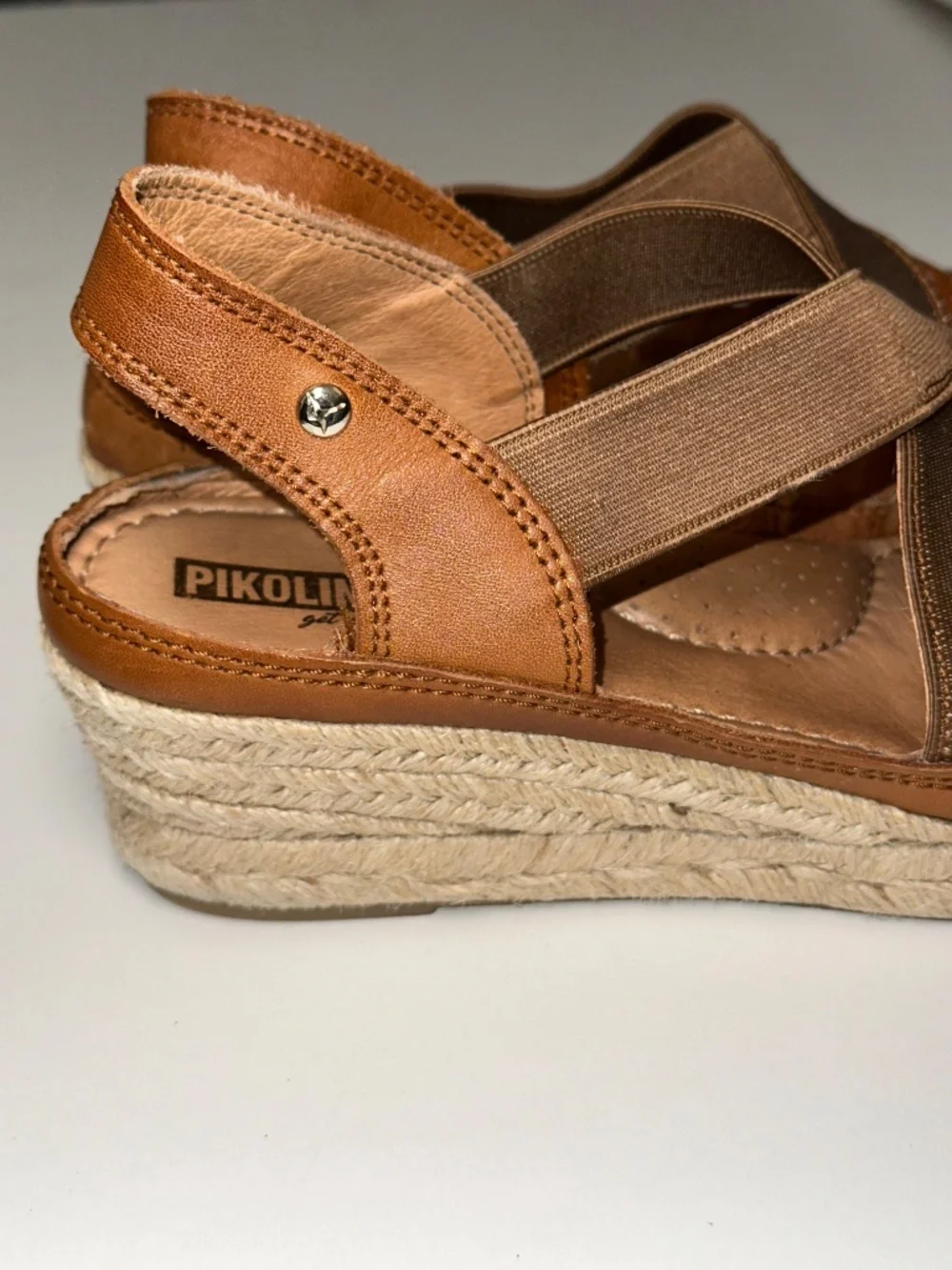 PIKOLINOS Brown Leather Wedge Elastic Espadrille Benidorm size 38 EU 7.5/8 US